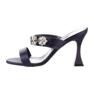 Manolo Blanik Navy Satin Heels with Crystal Embellishments